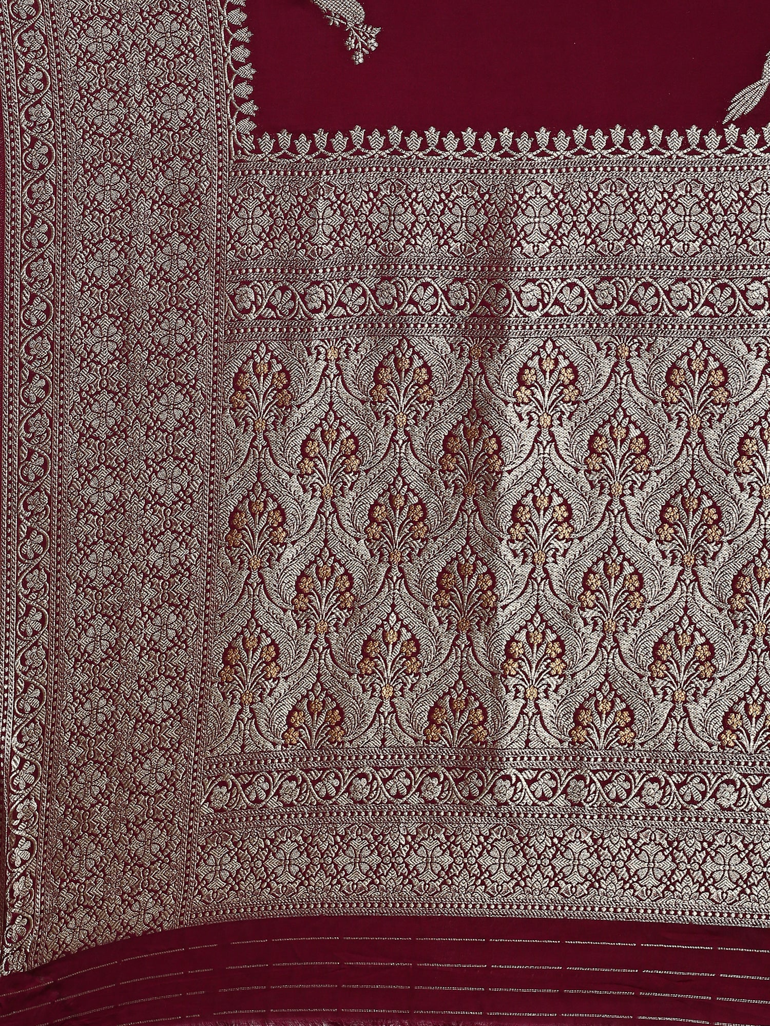 Wine banaras silk saree with gold and silver motifs - Image 6