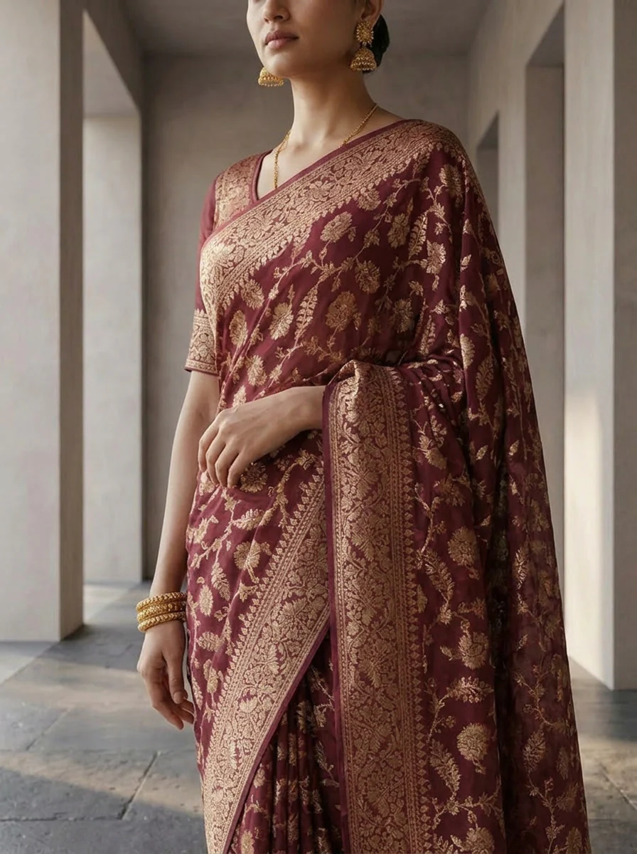 Wine Banaras Weaved Floral Design Saree - Image 3