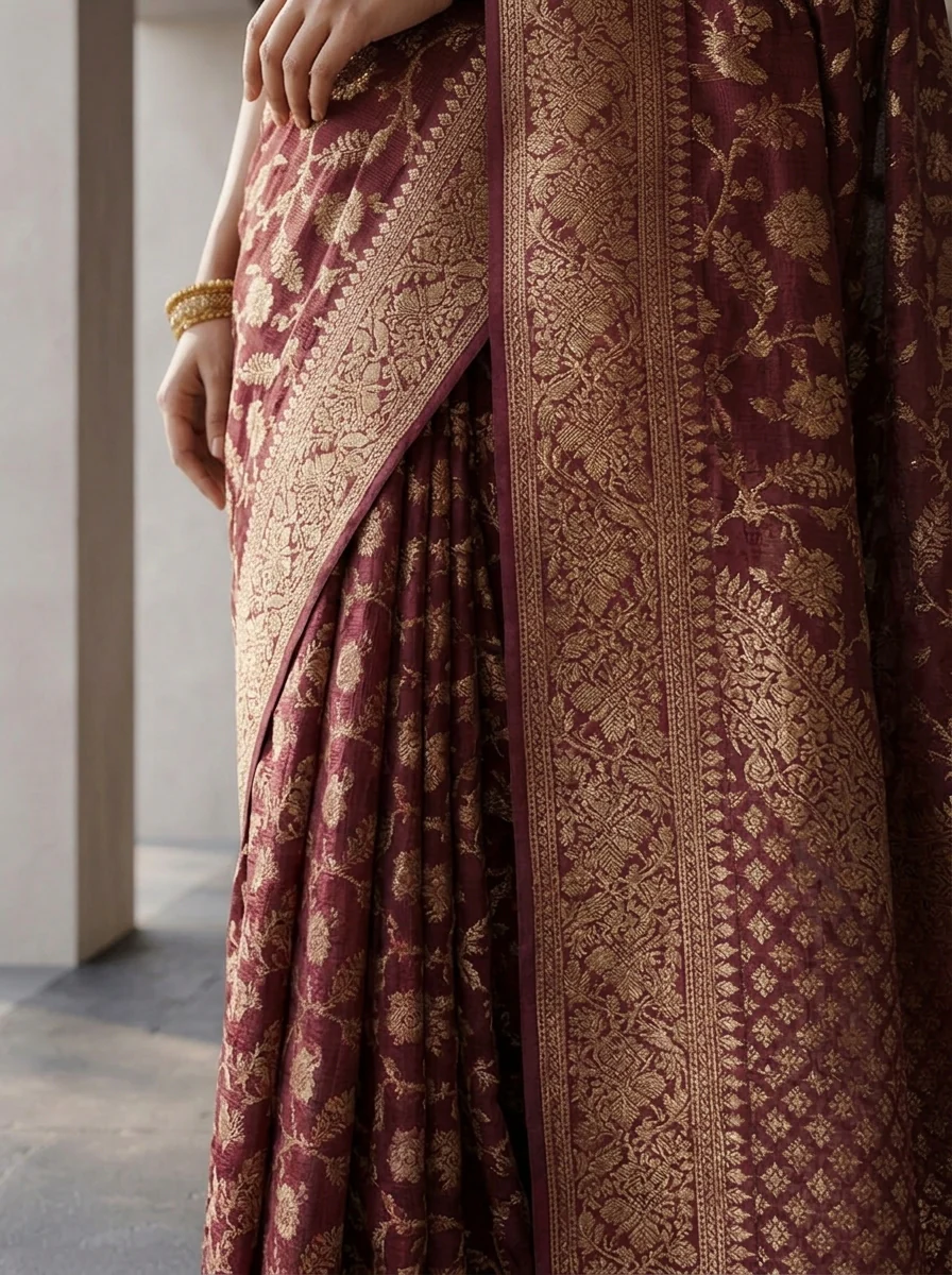 Wine Banaras Weaved Floral Design Saree - Image 4
