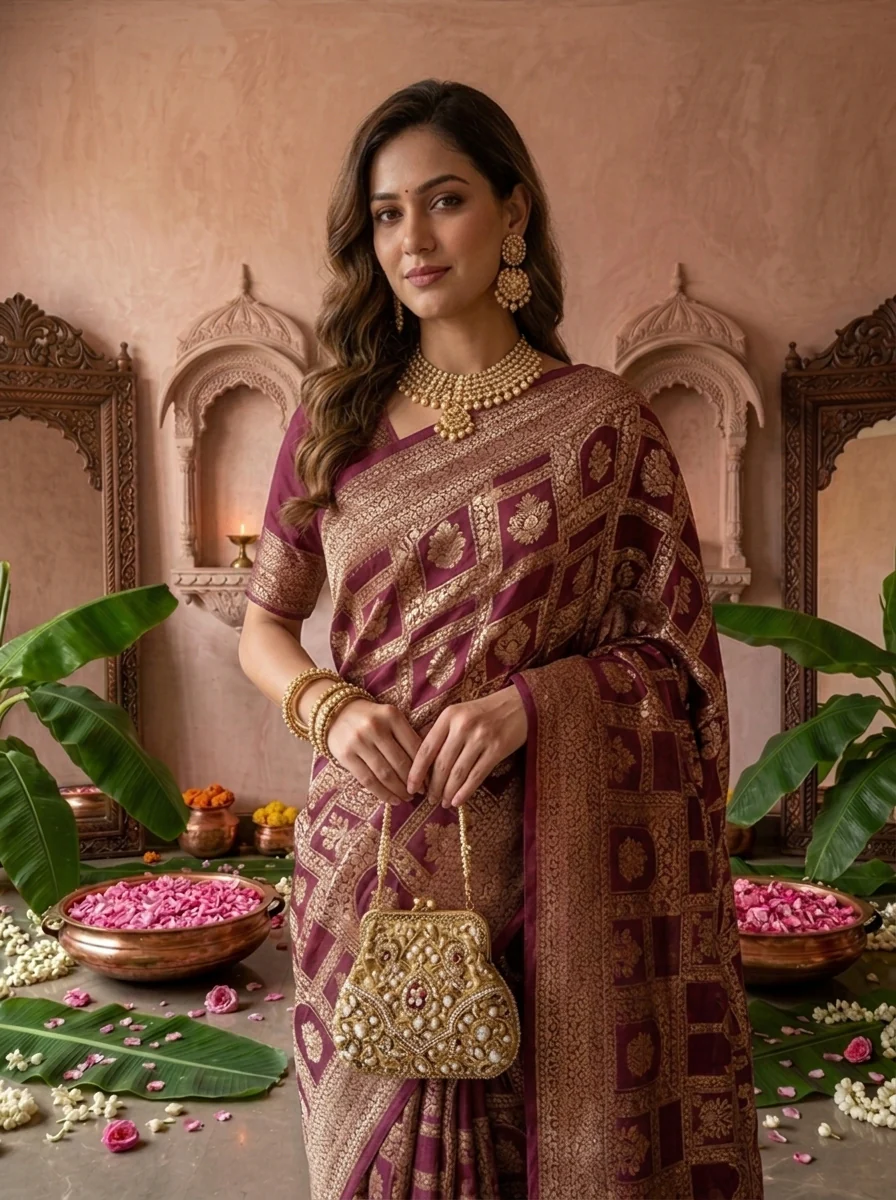 Wine Banaras Weaved Saree - Image 3