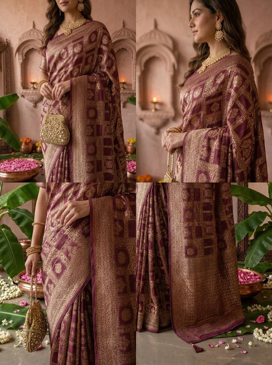 Wine Banaras Weaved Saree - Image 4