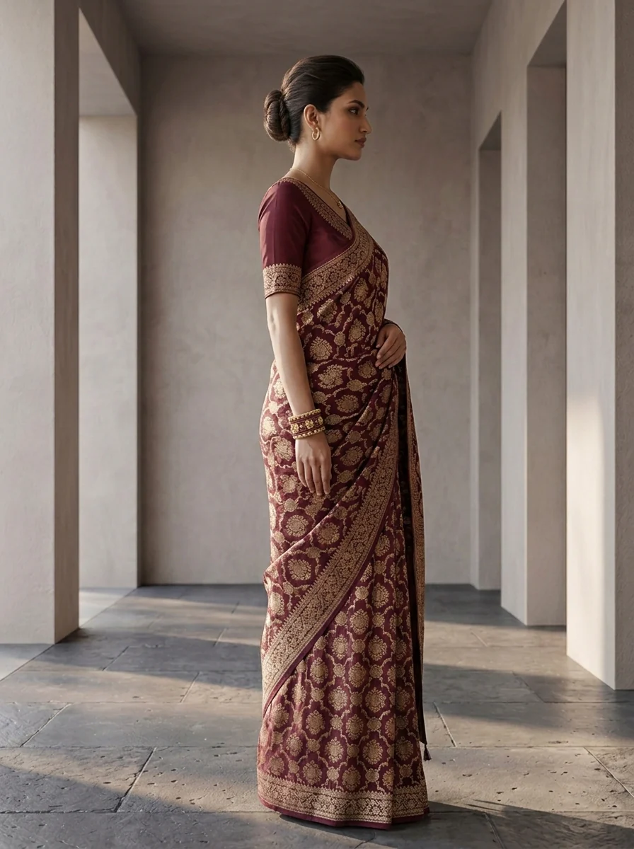 Wine Banaras Weaved Saree - Image 2