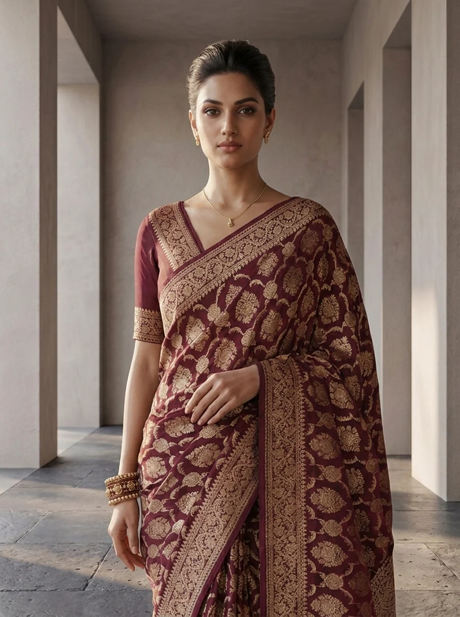 Wine Banaras Weaved Saree - Image 3