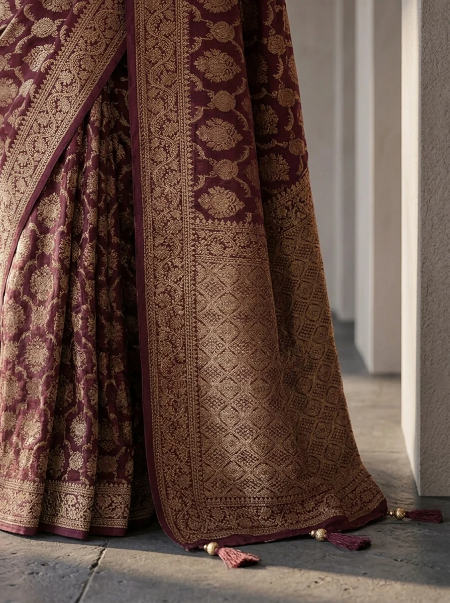 Wine Banaras Weaved Saree - Image 4