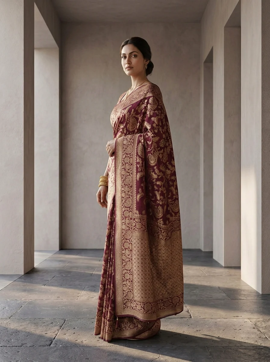 Wine Banaras Weaved Saree With Floral Design - Image 2