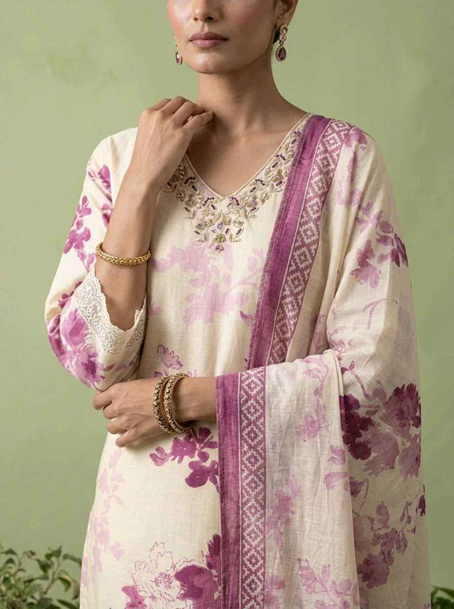 Wine Chikankari Printed And Beads Embroidered Three Piece Set - Image 2