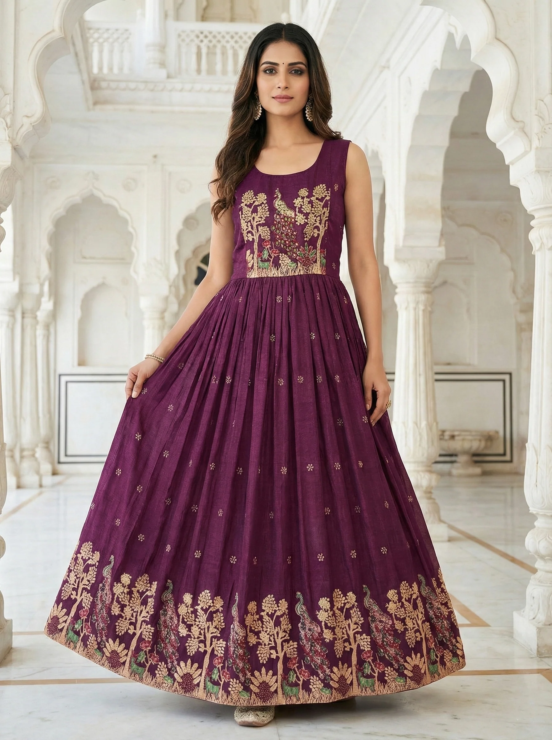 Wine Chinon Peacock Motif Block Print Long Dress
