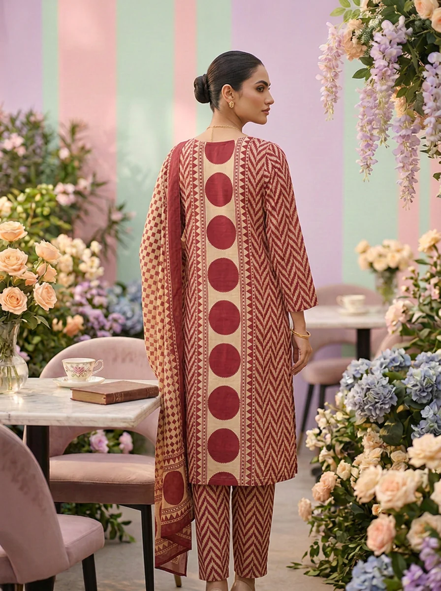 Wine Cotton Chevron Printed Three Piece Set - Image 2