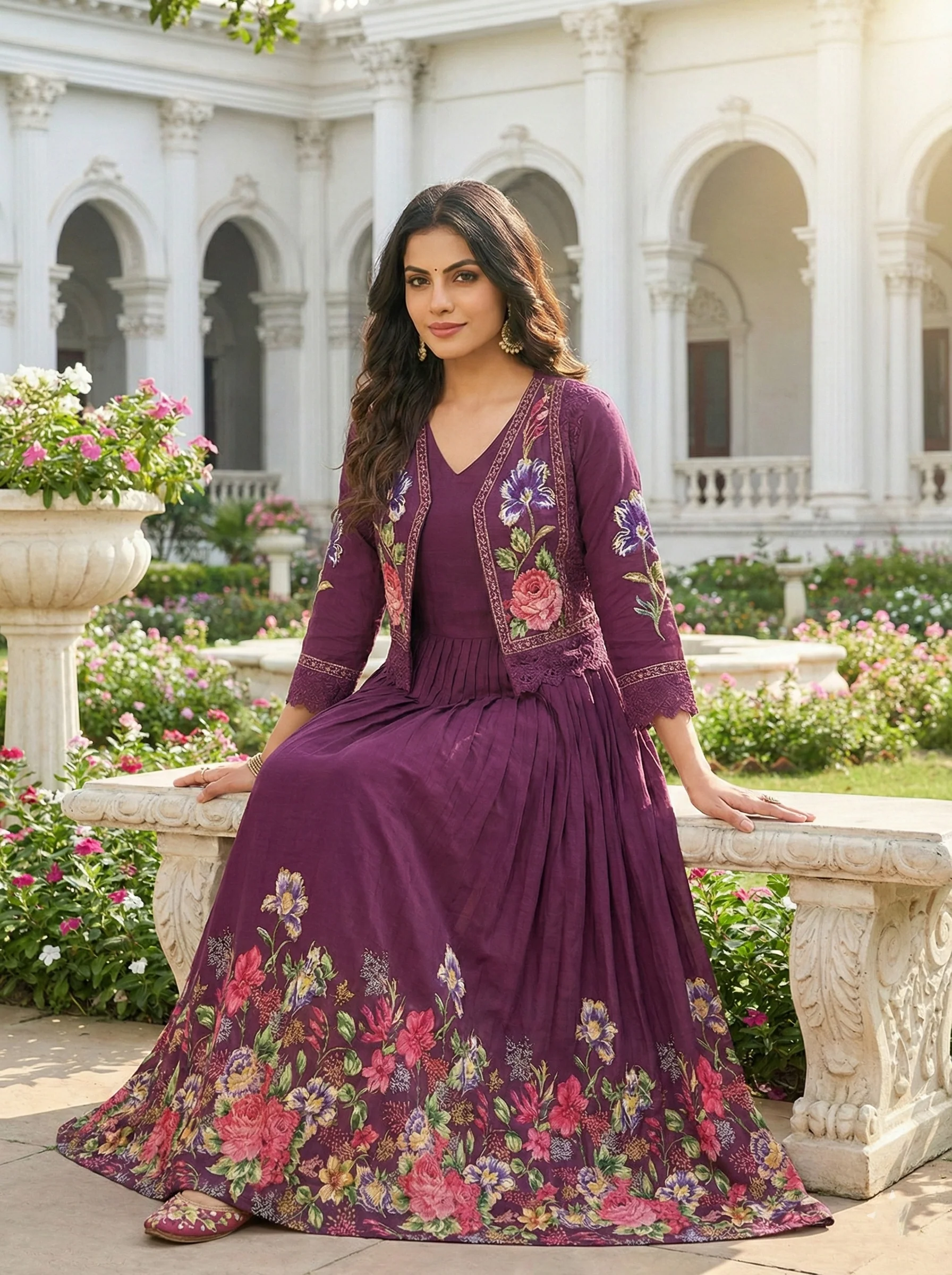 Wine Cotton Floral Digital Print Long Dress