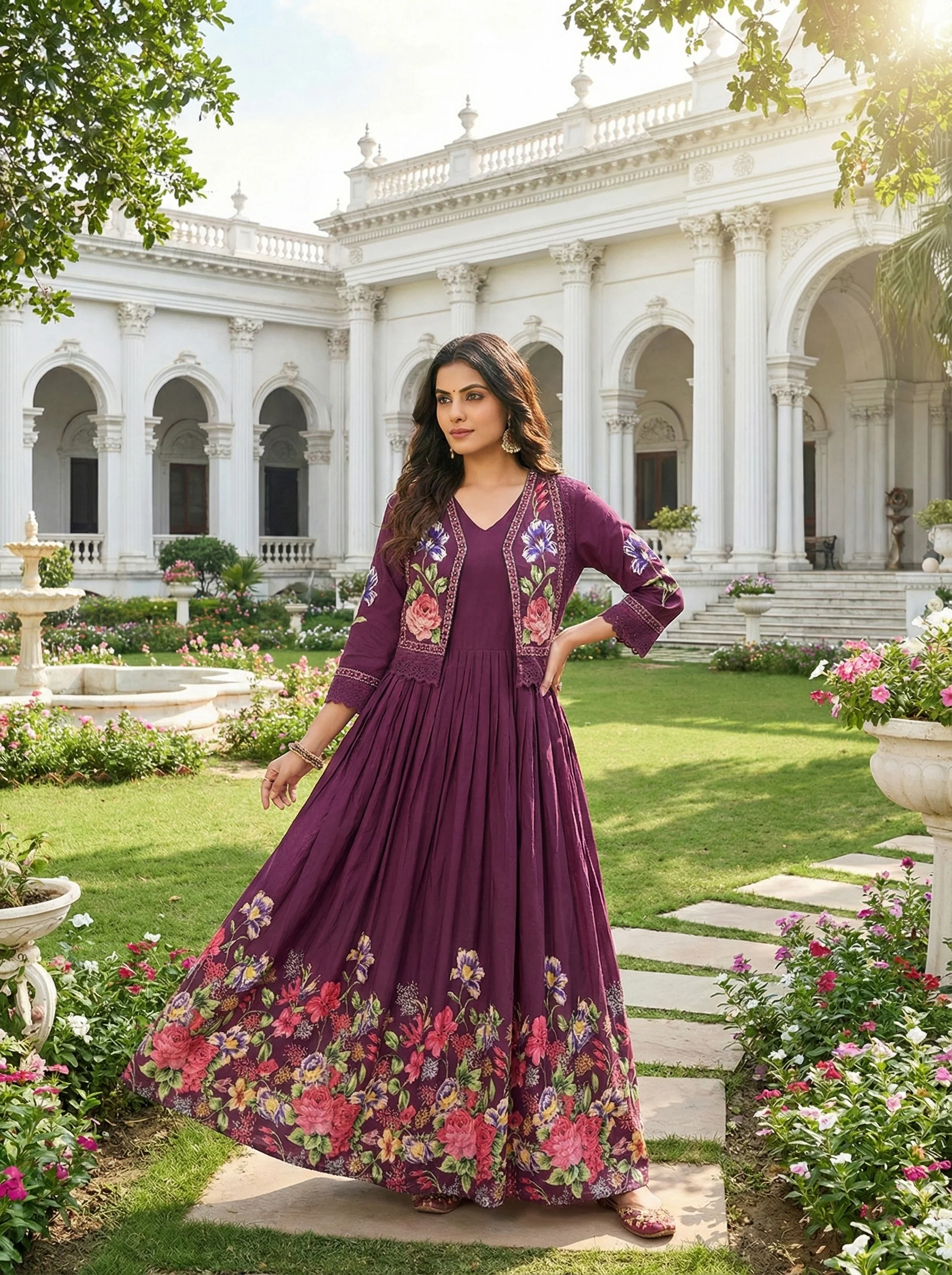 Wine Cotton Floral Digital Print Long Dress - Image 2