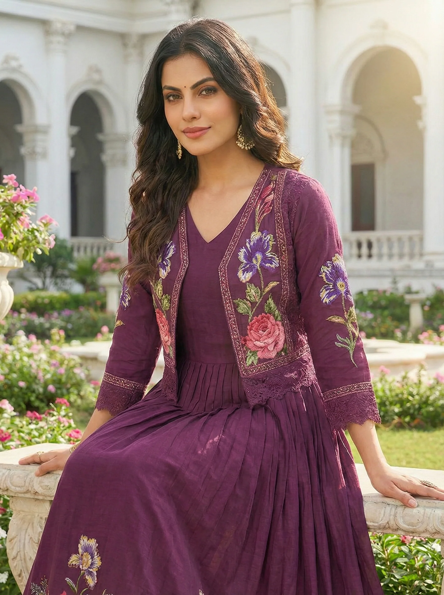 Wine Cotton Floral Digital Print Long Dress - Image 3