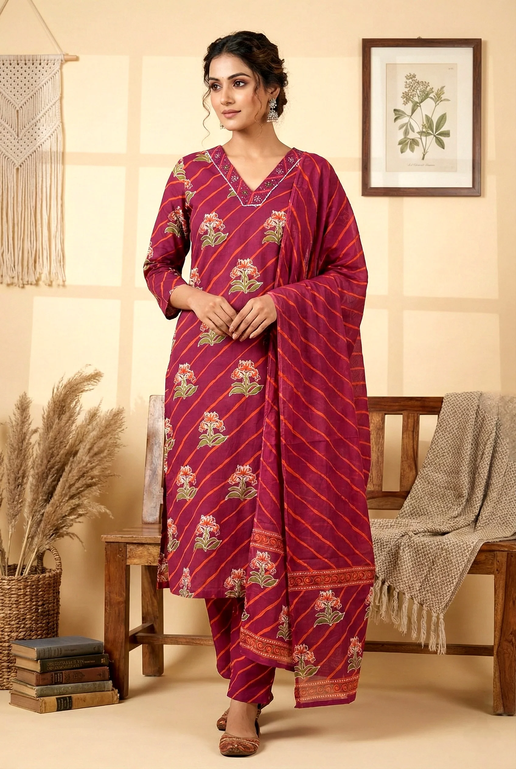Wine Cotton Floral Digital Printed Three Piece Set