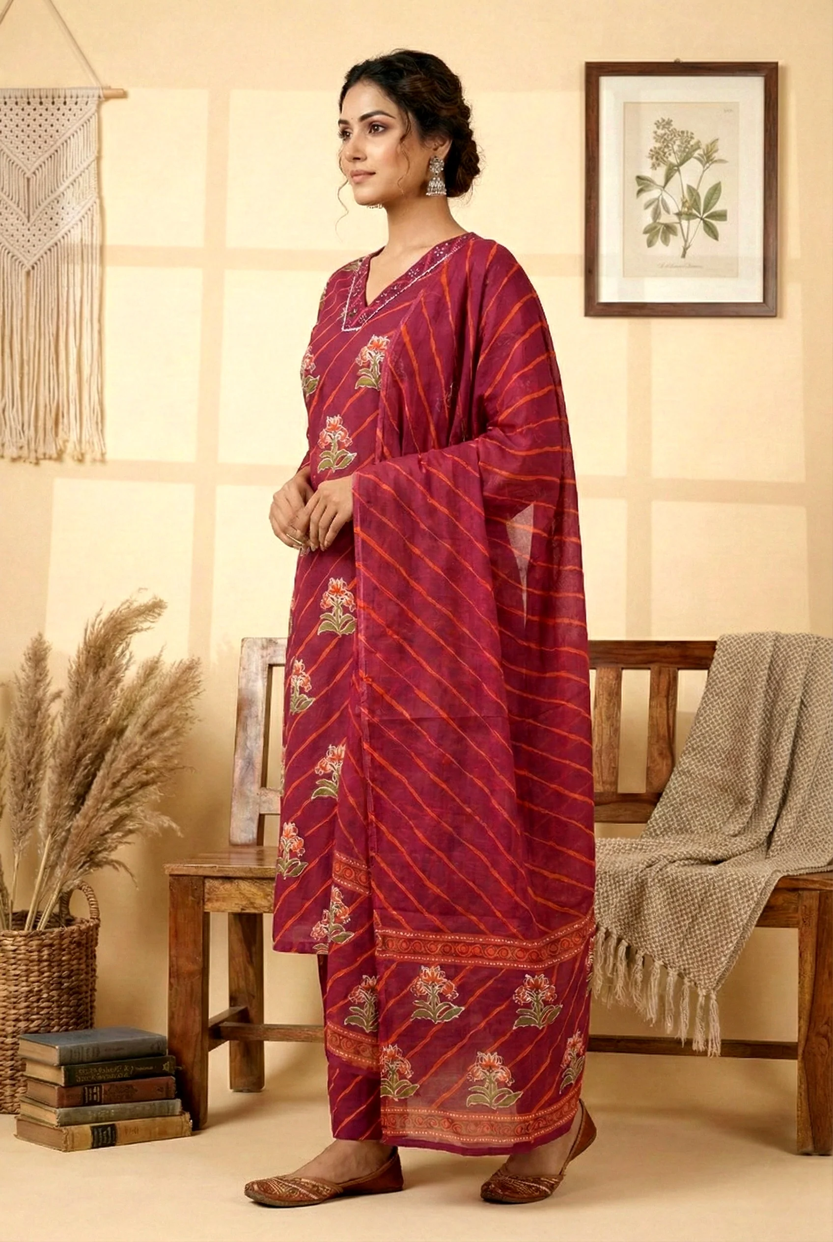 Wine Cotton Floral Digital Printed Three Piece Set - Image 2