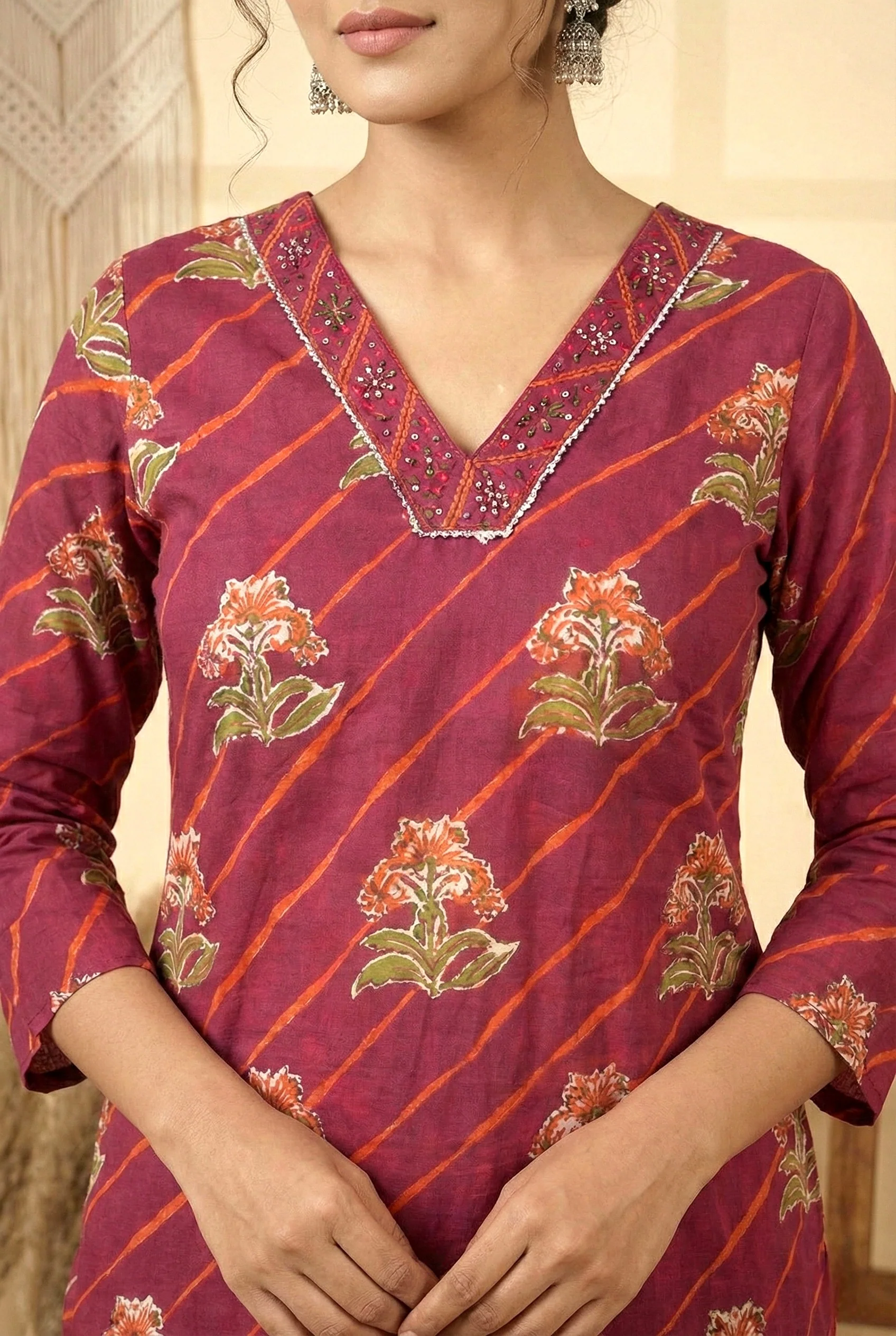 Wine Cotton Floral Digital Printed Three Piece Set - Image 4