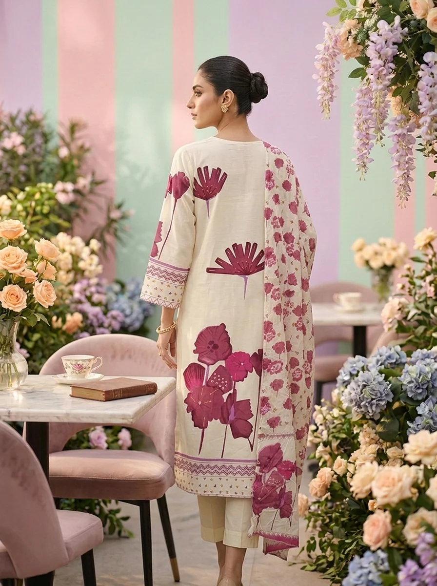 Wine Cotton Floral Printed Three Piece Set - Image 2