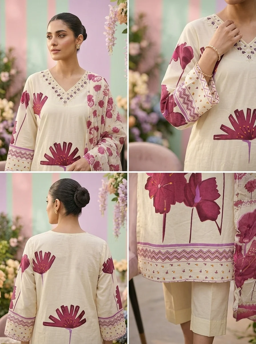Wine Cotton Floral Printed Three Piece Set - Image 3