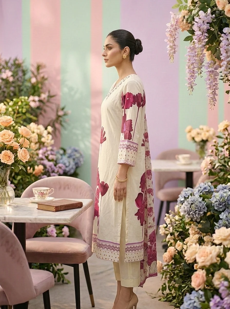 Wine Cotton Floral Printed Three Piece Set - Image 4