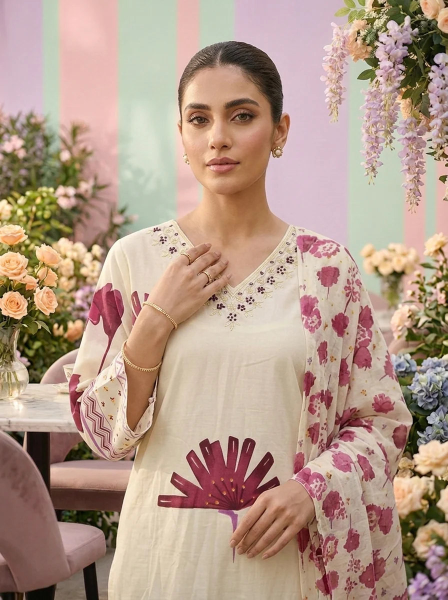 Wine Cotton Floral Printed Three Piece Set - Image 5
