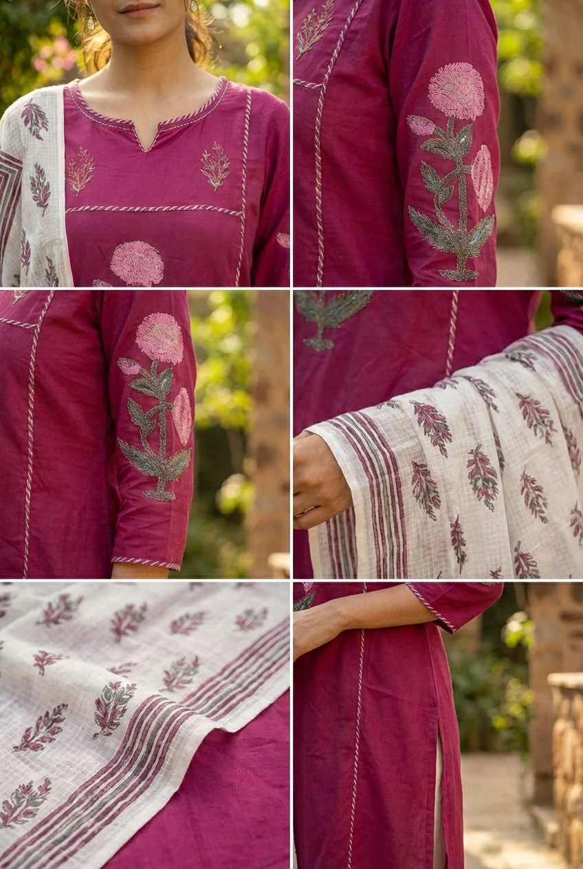 Wine Cotton Floral Printed Three Piece Set - Image 5