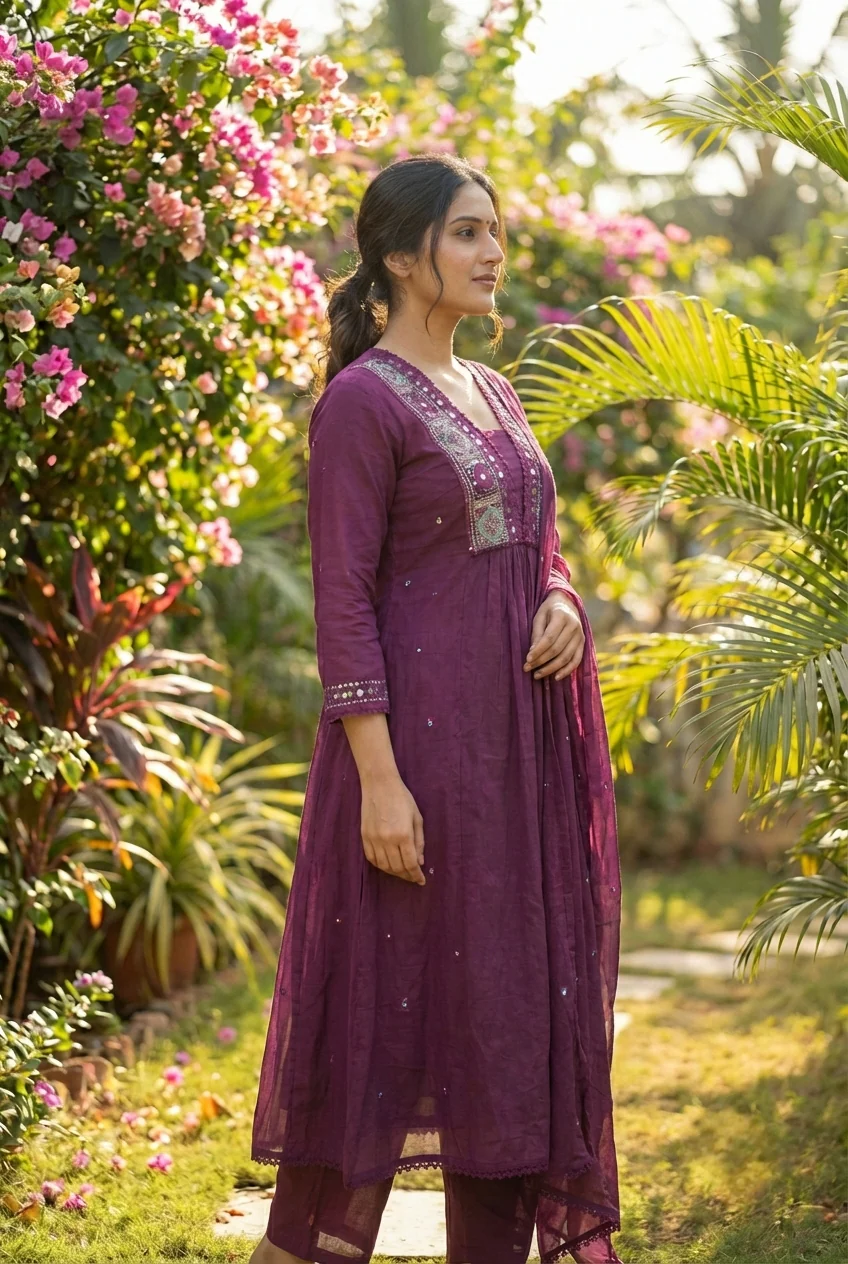 Wine Cotton Hand Embroidery Three Piece Set - Image 3