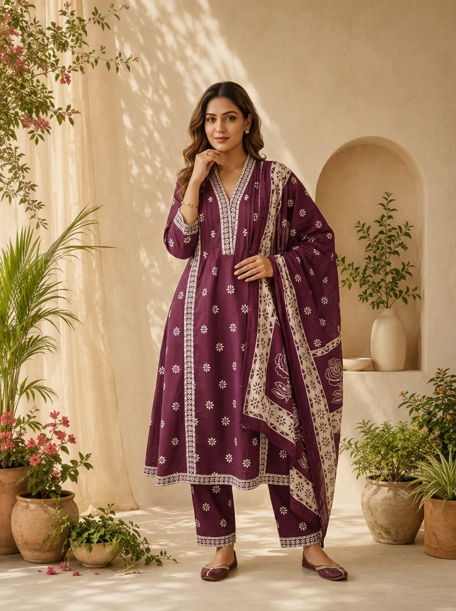 Wine Cotton Printed And Beads Embroidered Three Piece Set - Image 2