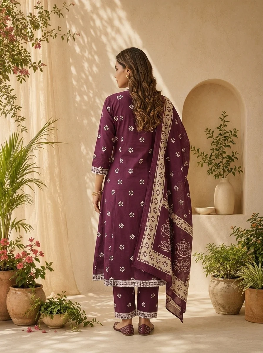 Wine Cotton Printed And Beads Embroidered Three Piece Set - Image 3