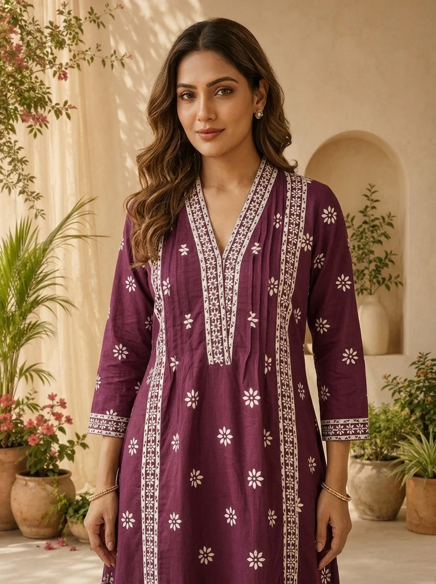 Wine Cotton Printed And Beads Embroidered Three Piece Set - Image 4