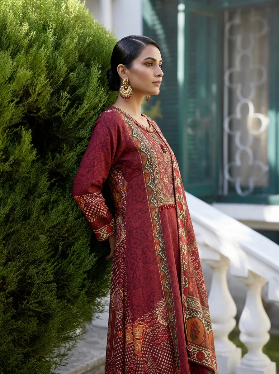 Wine Crepe Ethnic Motif Printed Three Piece Set