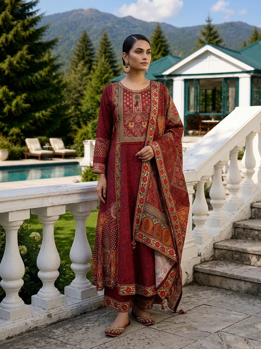 Wine Crepe Ethnic Motif Printed Three Piece Set - Image 2