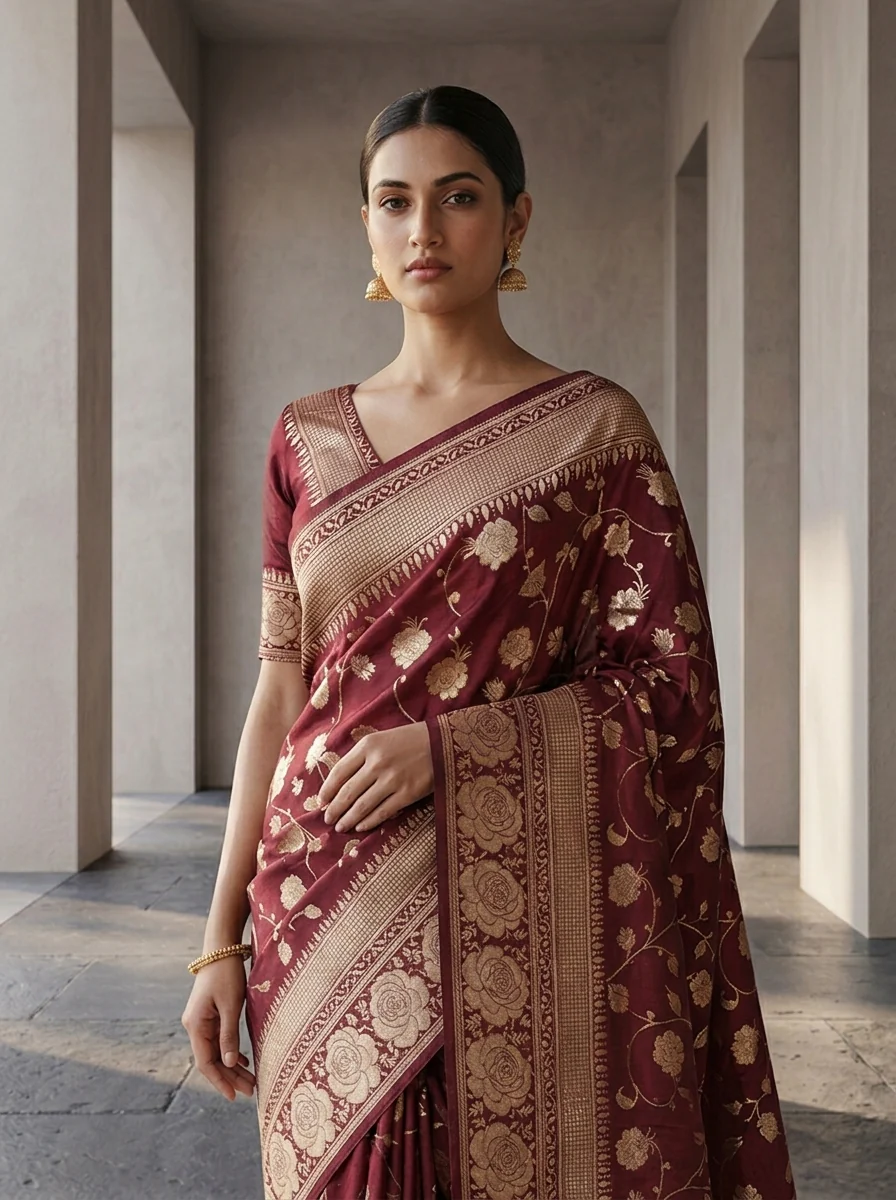 Wine Floral Design Weaved Silk Saree