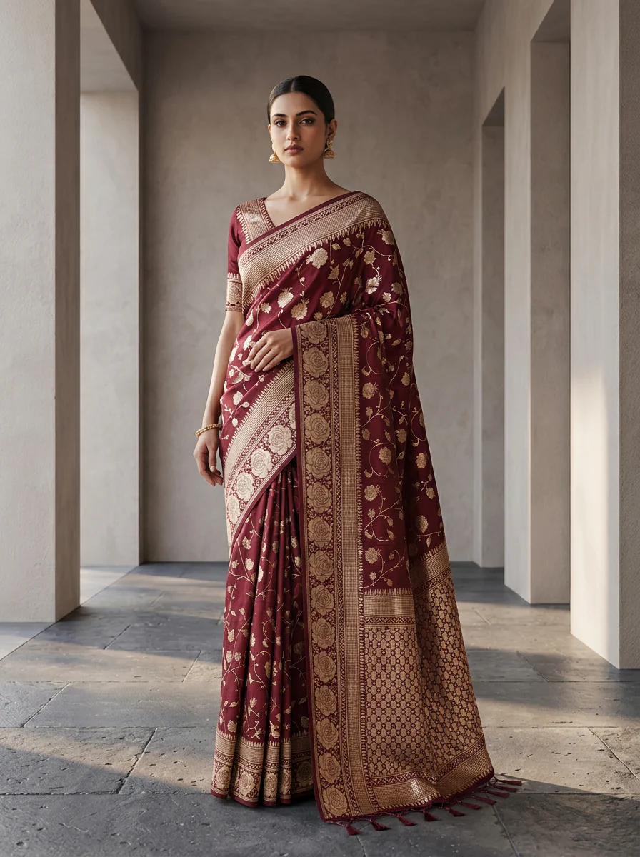 Wine Floral Design Weaved Silk Saree - Image 2