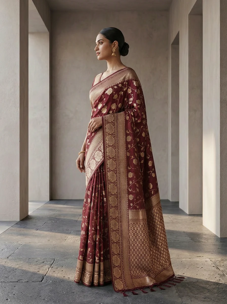 Wine Floral Design Weaved Silk Saree - Image 3