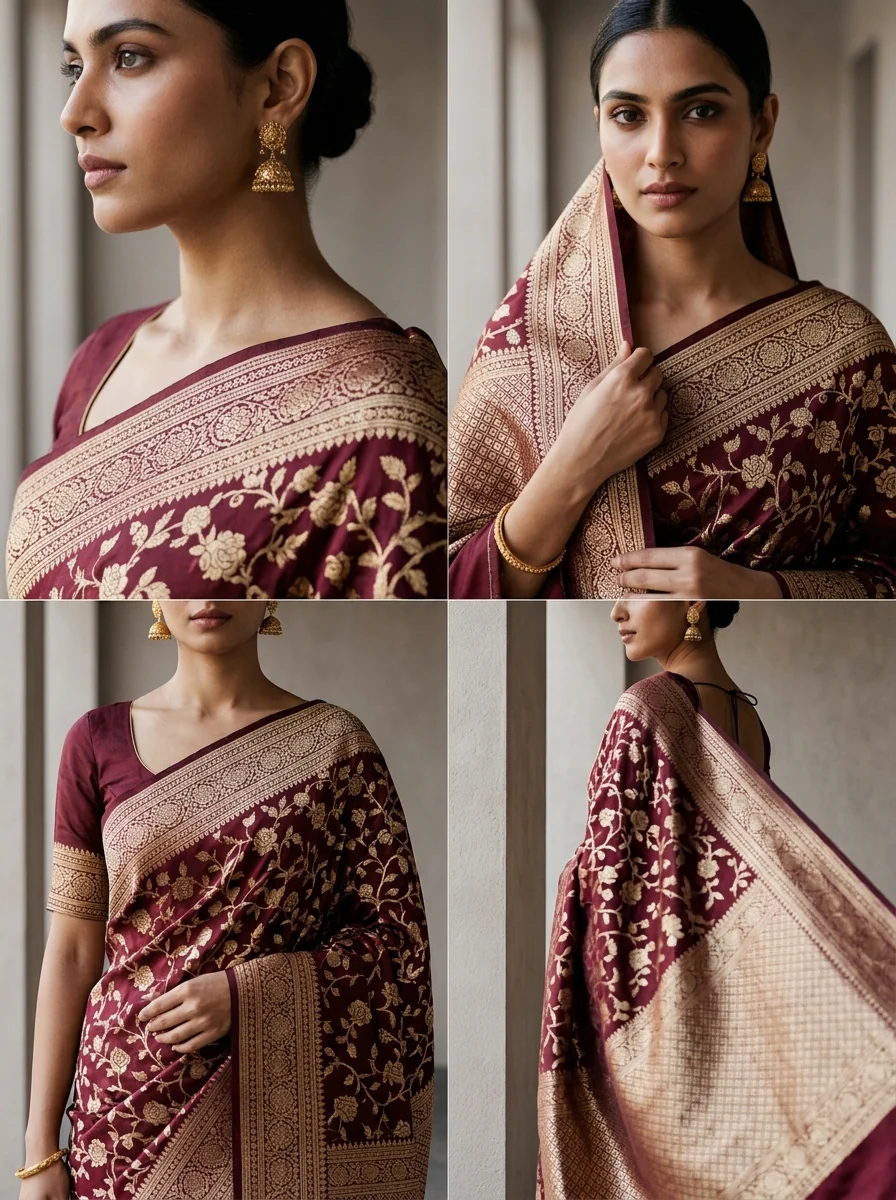 Wine Floral Design Weaved Silk Saree - Image 4