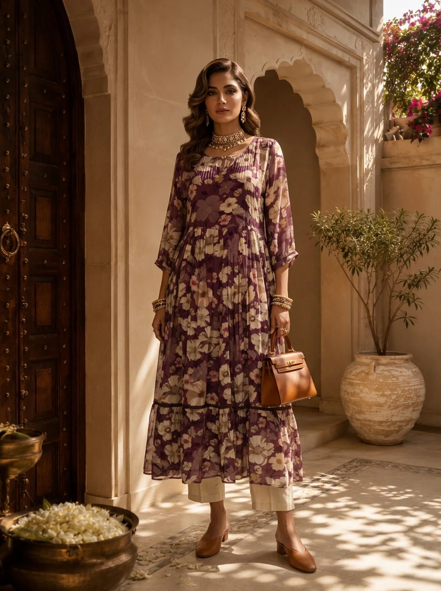 Wine Floral Printed Crepe Long Dress - Image 2
