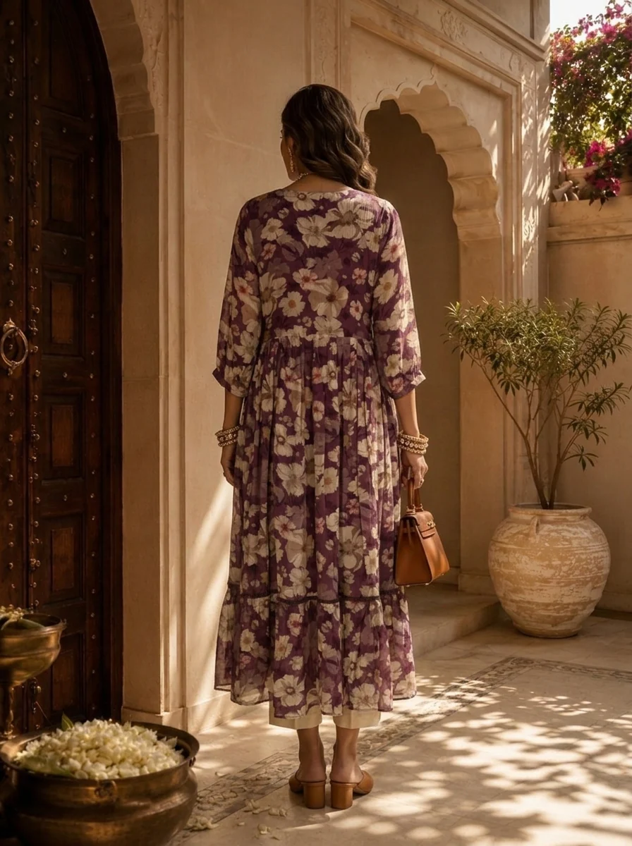 Wine Floral Printed Crepe Long Dress - Image 3