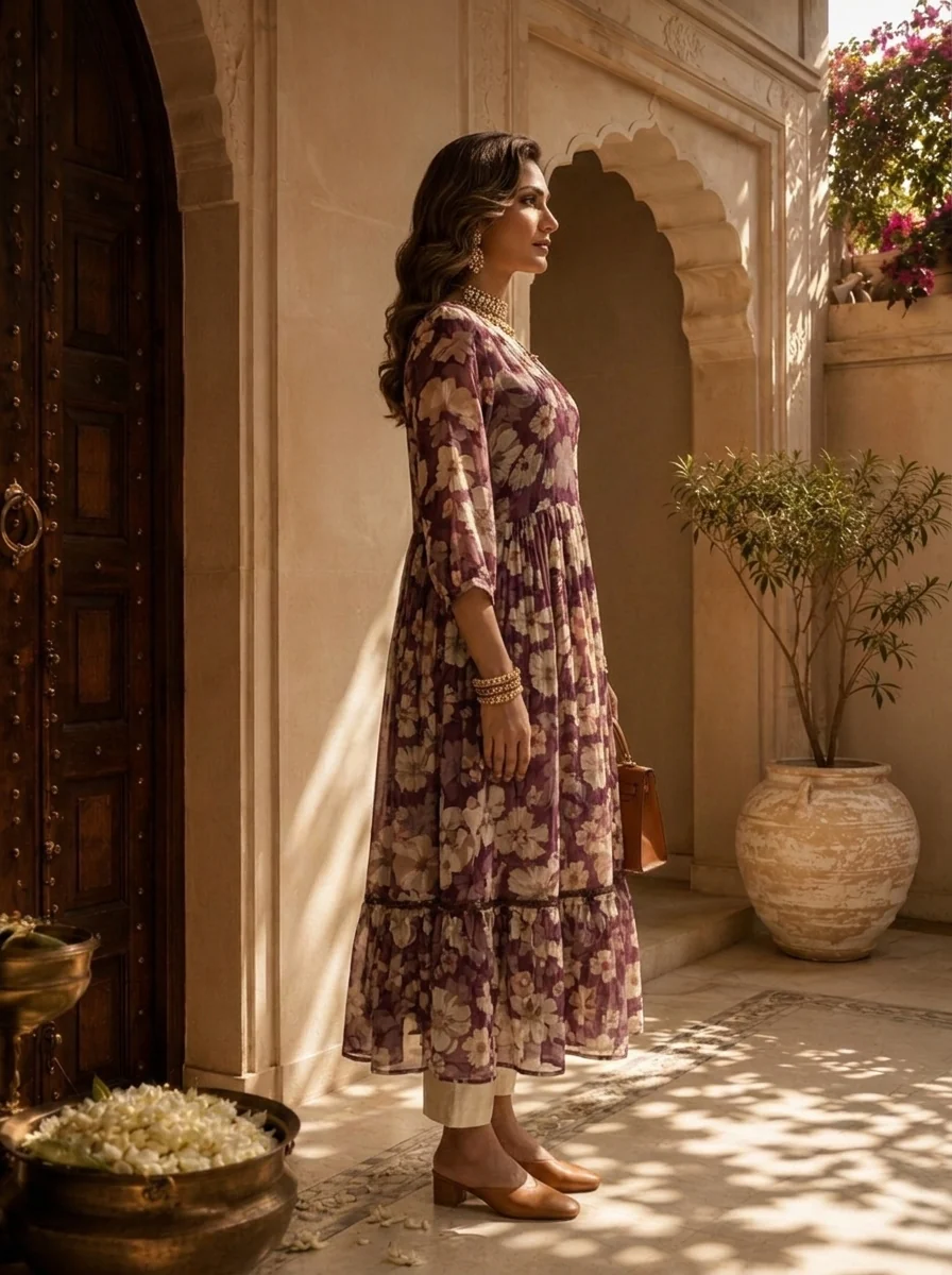Wine Floral Printed Crepe Long Dress - Image 4