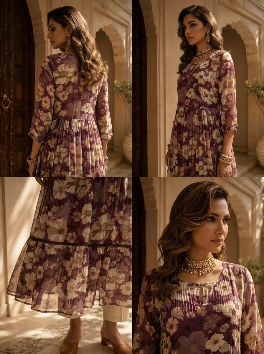 Wine Floral Printed Crepe Long Dress - Image 5