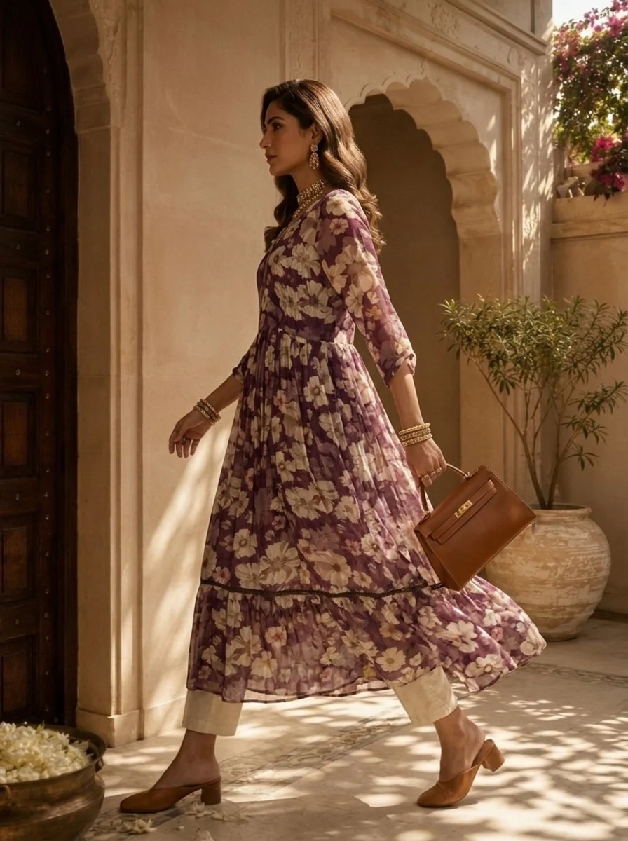 Wine Floral Printed Crepe Long Dress - Image 6