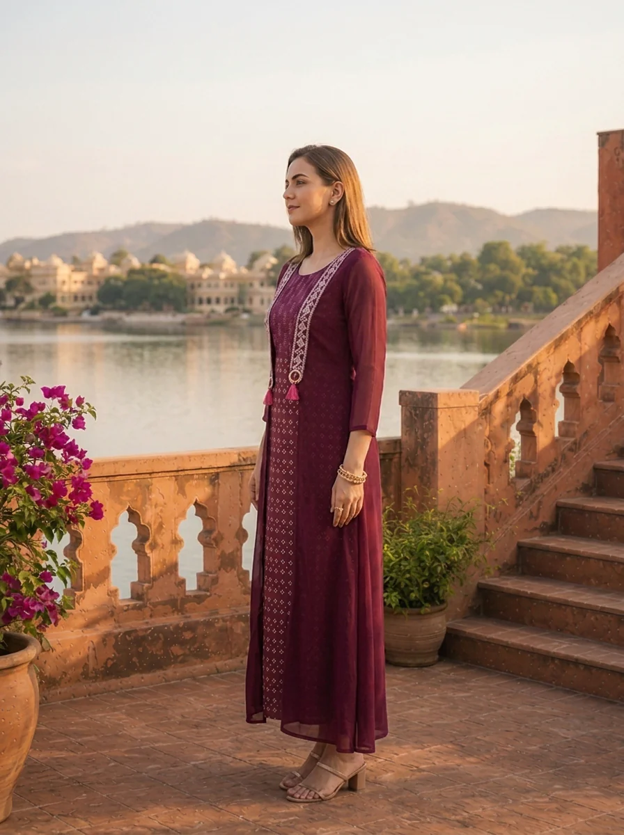 Wine Georgette Bandhani Printed Long Dress - Image 3