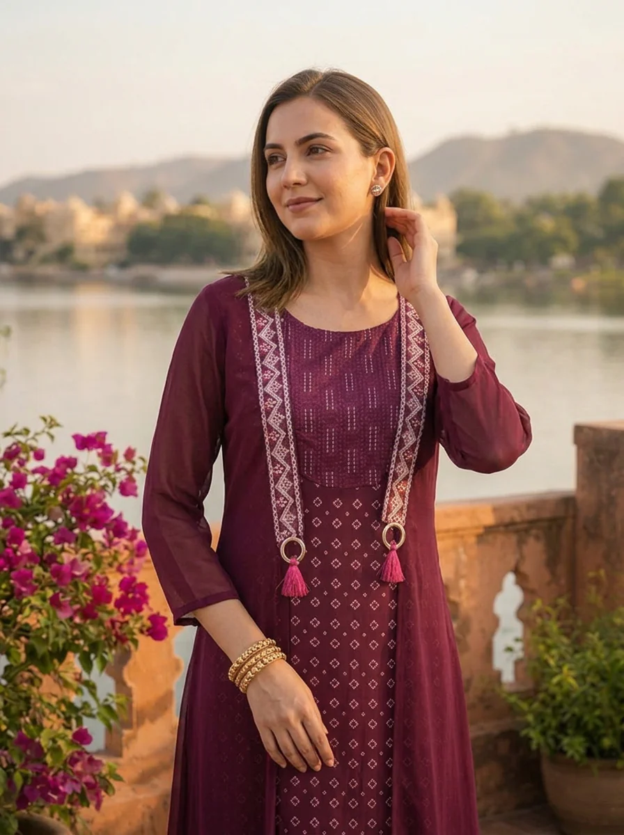 Wine Georgette Bandhani Printed Long Dress - Image 4