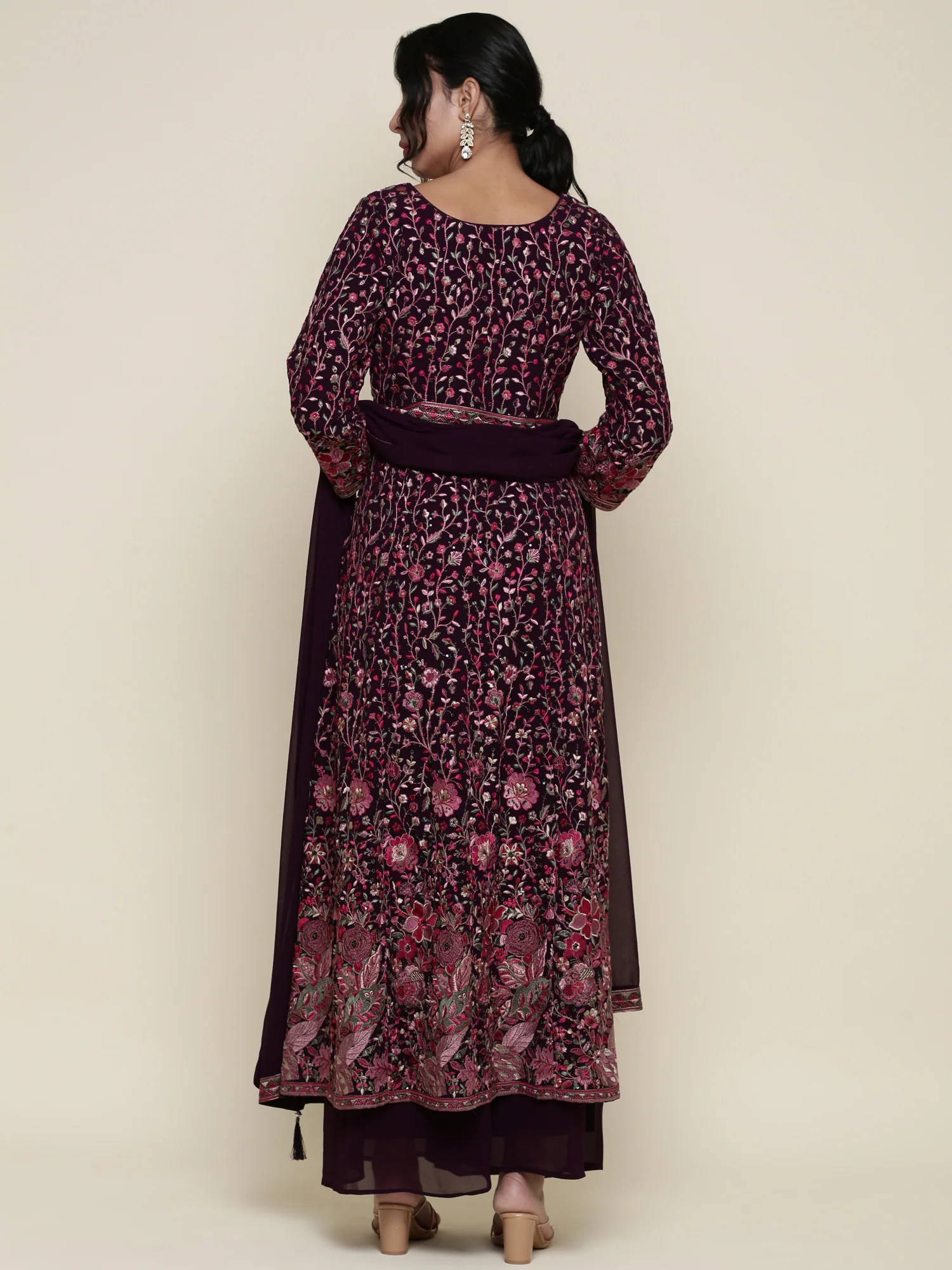Wine georgette embroidered front silt anarkali three piece set - Image 4