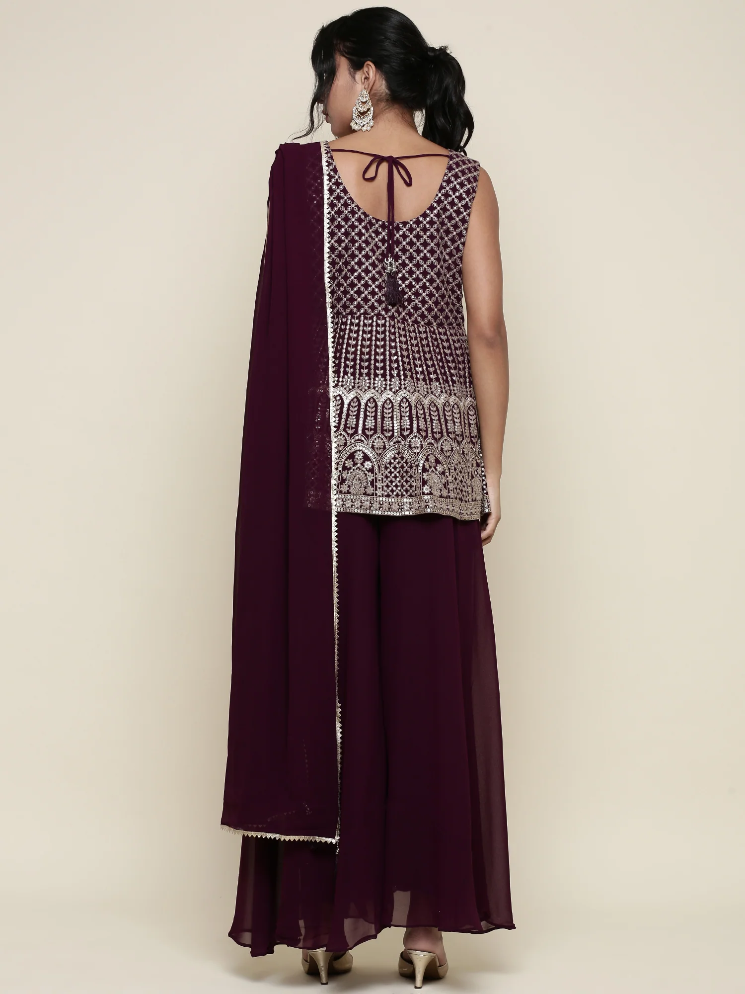 Wine georgette embroidered peplum and palazzo three piece set - Image 3
