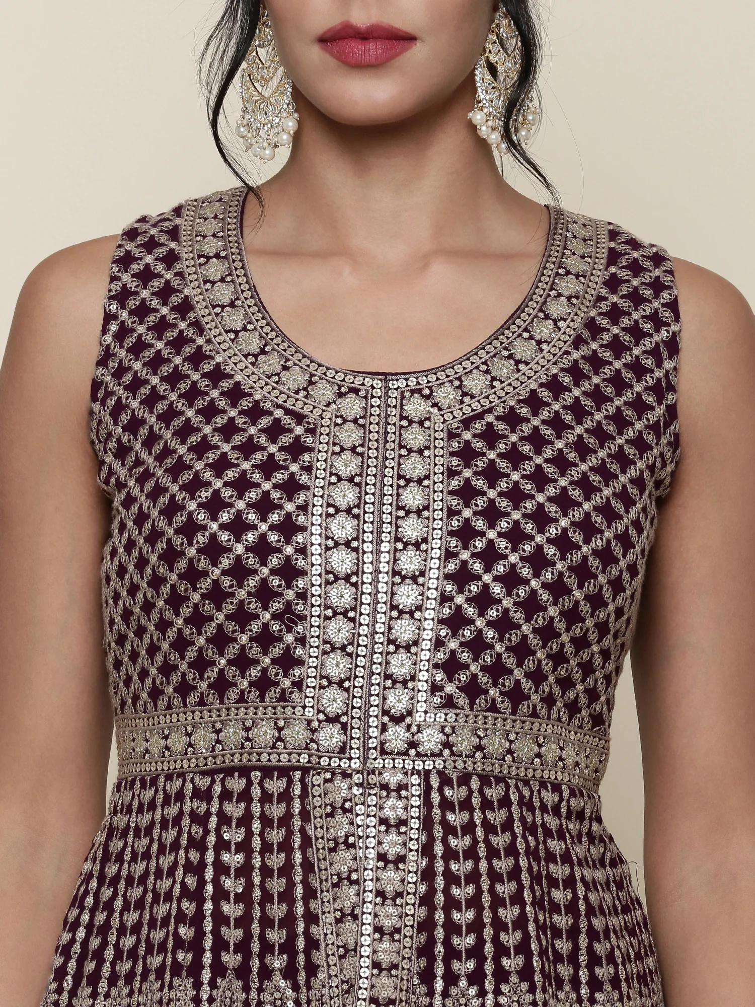 Wine georgette embroidered peplum and palazzo three piece set - Image 4