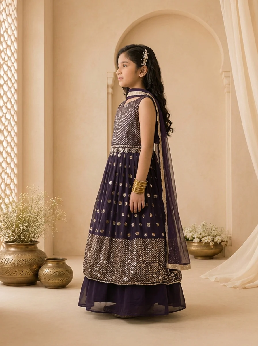 Wine Georgette Sequin Panelled Embroidered Ghagra Set - Image 4