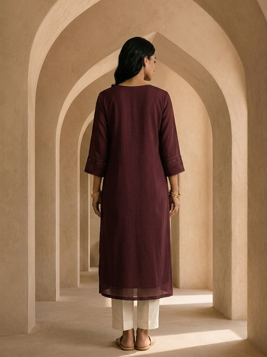 Wine Hand Embroidery And Solid Design Chinon Kurta - Image 3