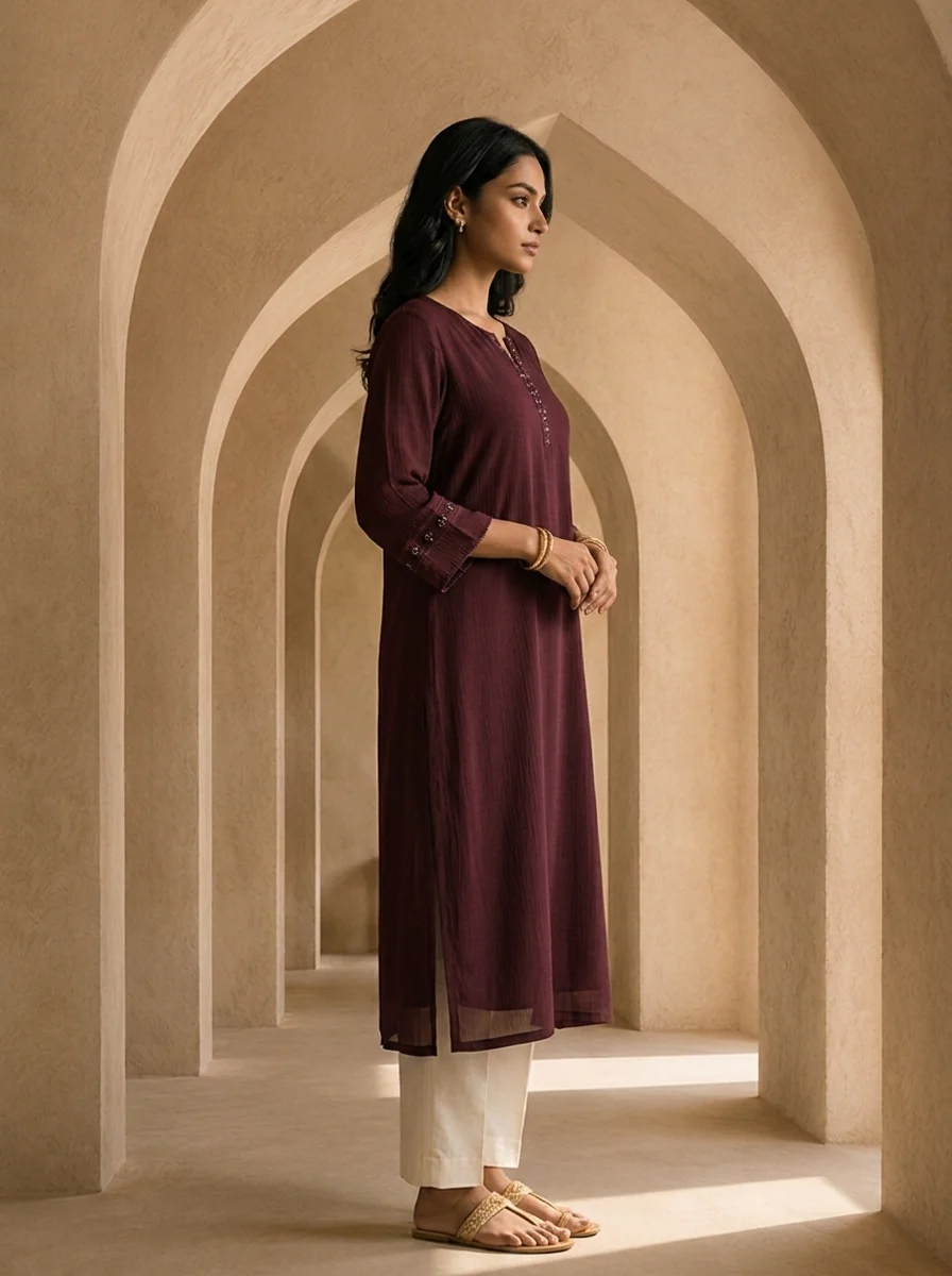Wine Hand Embroidery And Solid Design Chinon Kurta - Image 4