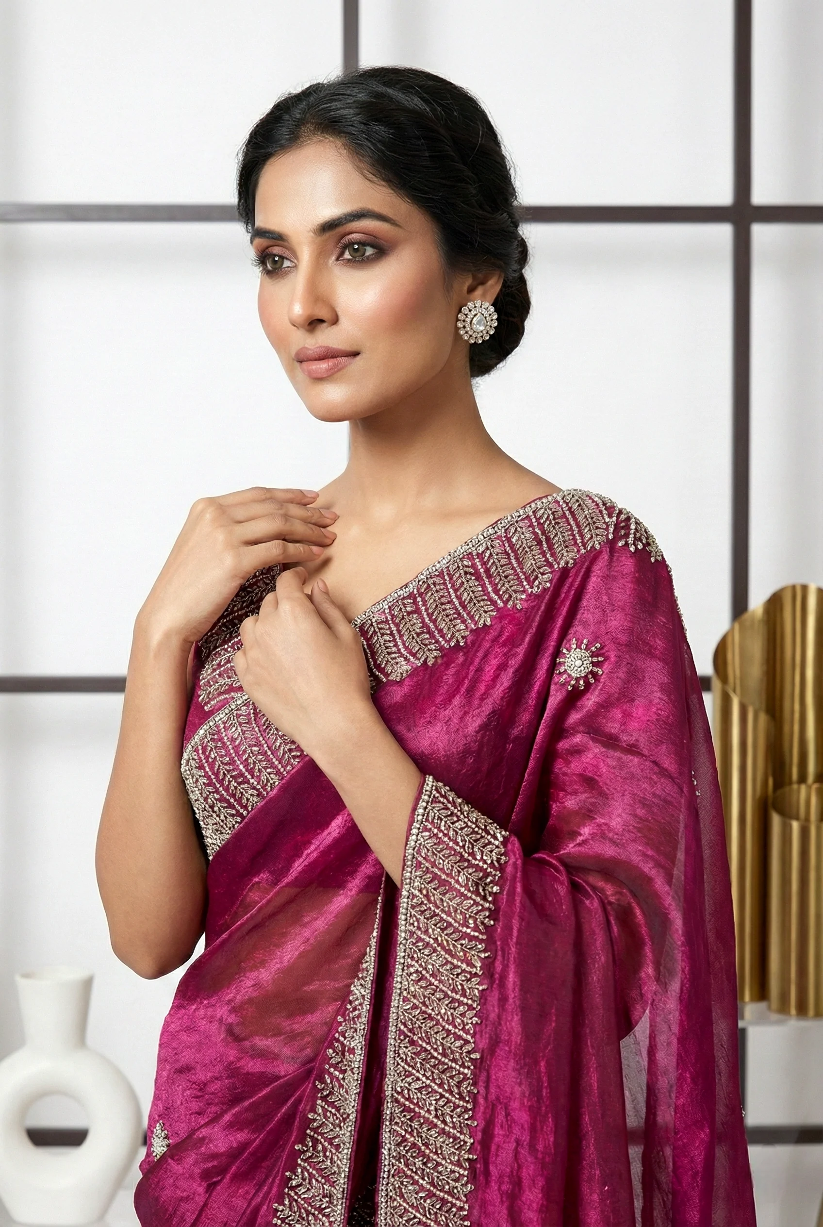 Wine Jimmy Choo Stone Embroidery Saree - Image 2