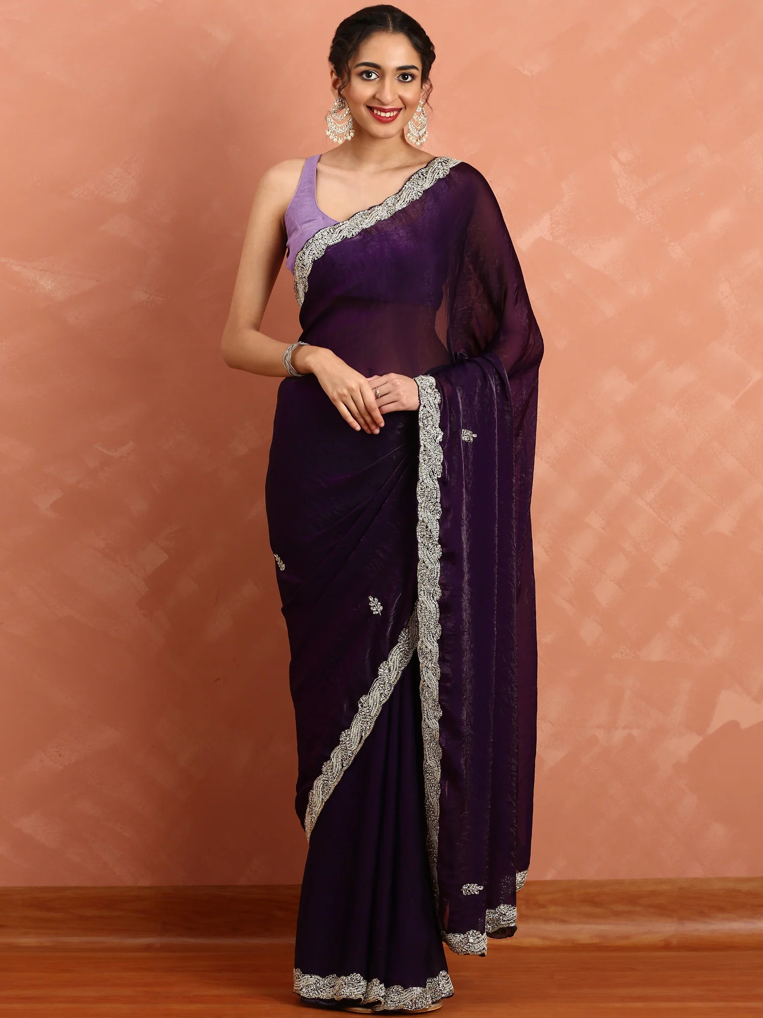 Purple Satin Saree With Hand Embroidery Saree