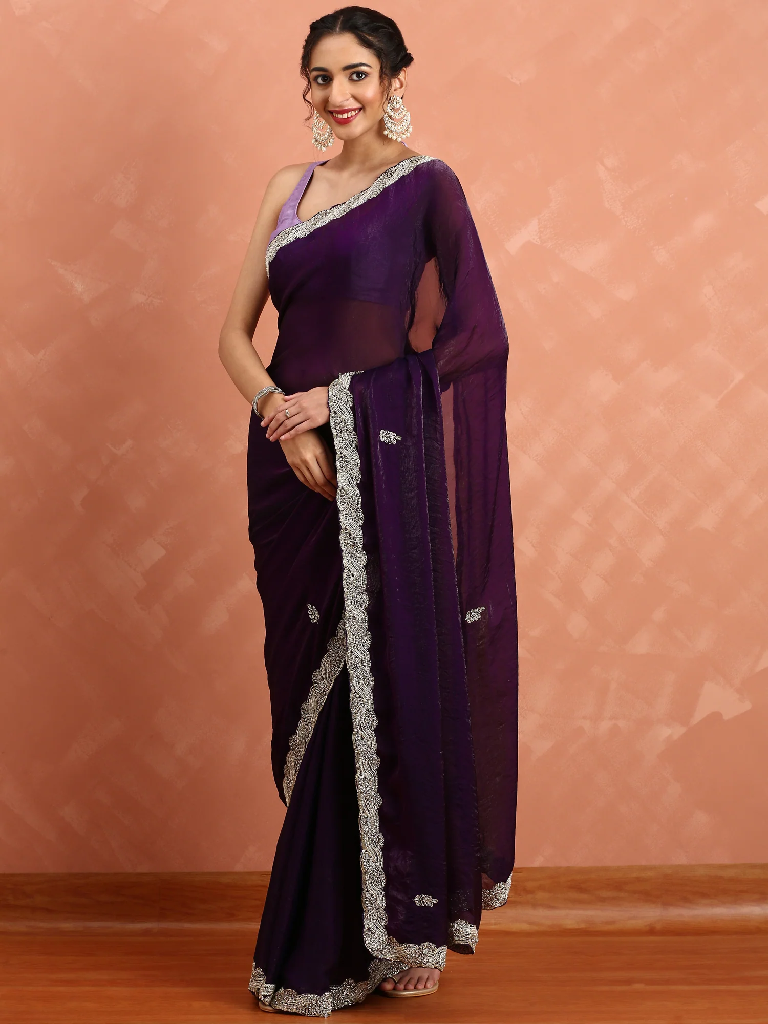 Purple Satin Saree With Hand Embroidery Saree - Image 2