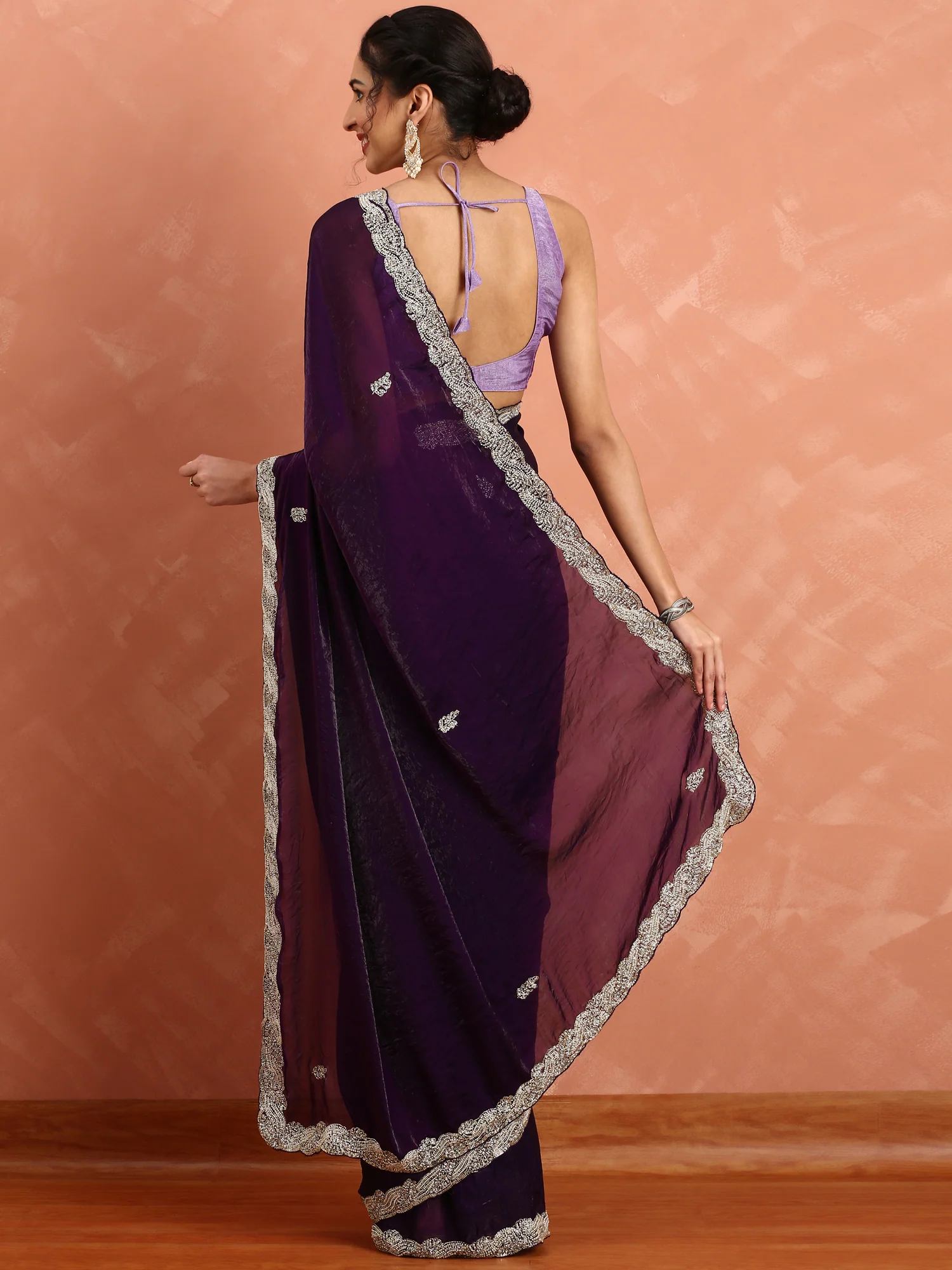 Purple Satin Saree With Hand Embroidery Saree - Image 3